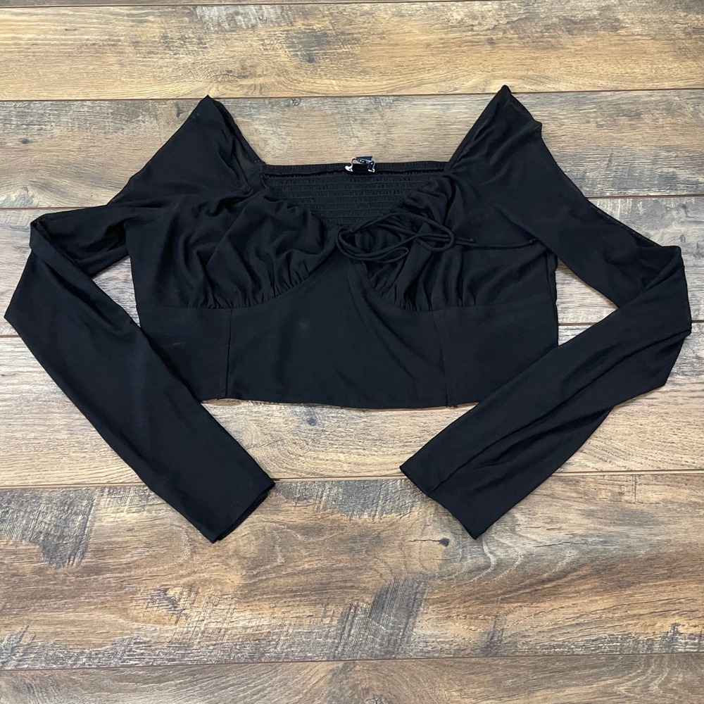 American Eagle Black Long Sleeve Tie Front Smocked Mesh Crop Top XL Festival